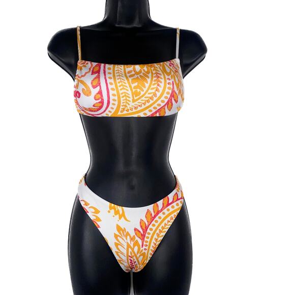 New Small Orange Pink Paisley Print Square Neck‎ Bandeau Bikini Halter Swimsuit - Picture 2 of 6